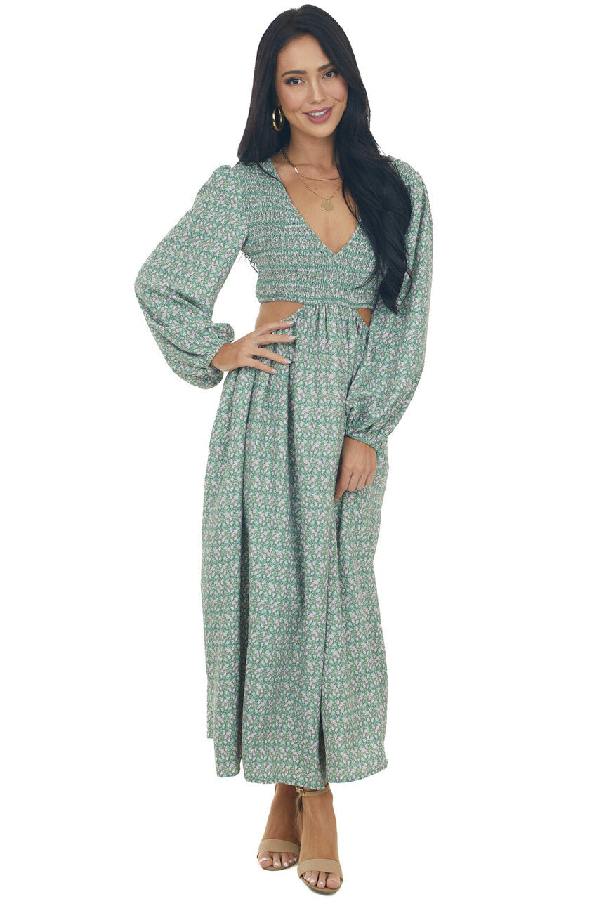 Hazy Jade Floral Print Side Cut Out Maxi Dress