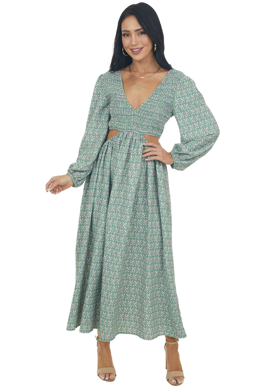 Hazy Jade Floral Print Side Cut Out Maxi Dress