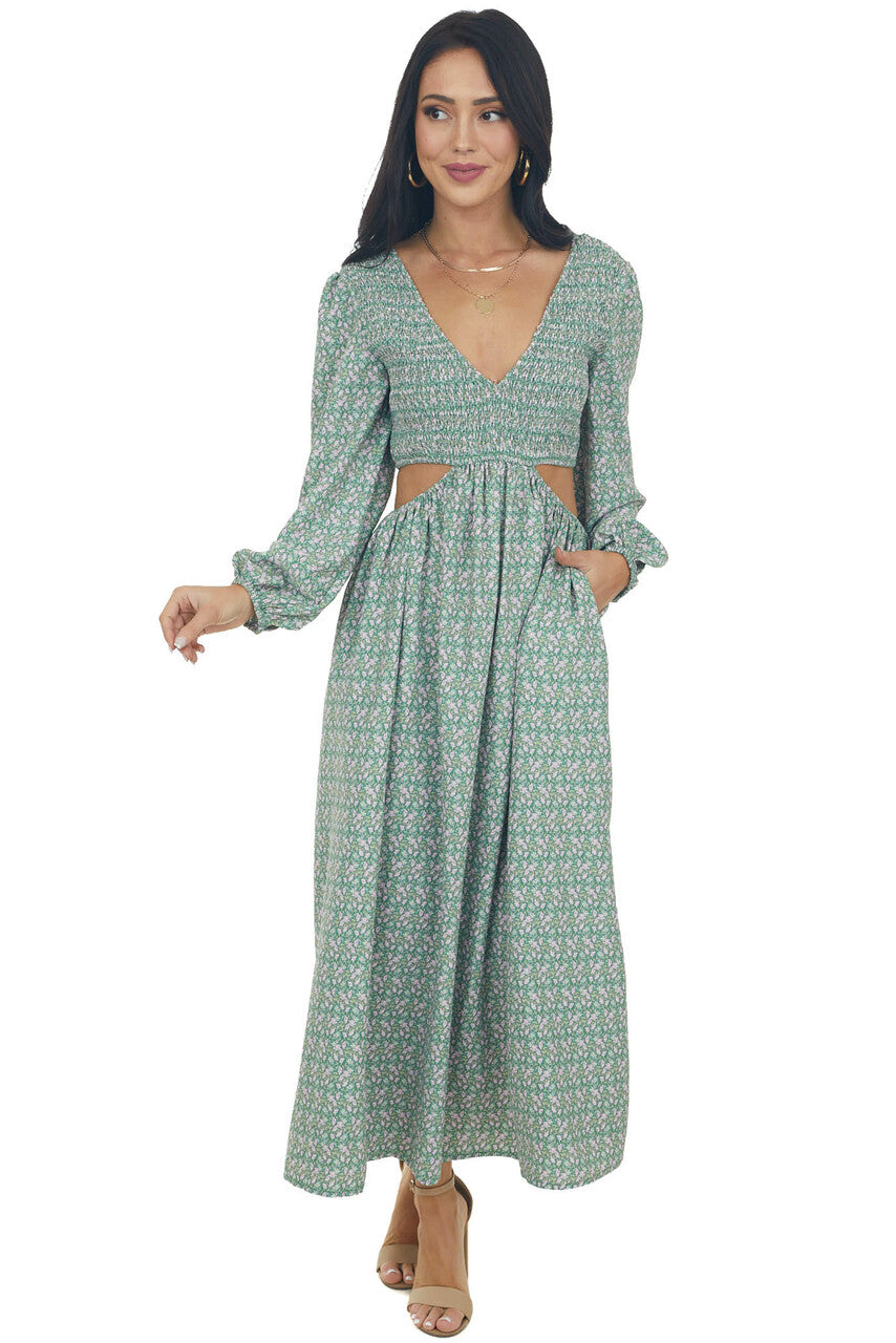 Hazy Jade Floral Print Side Cut Out Maxi Dress