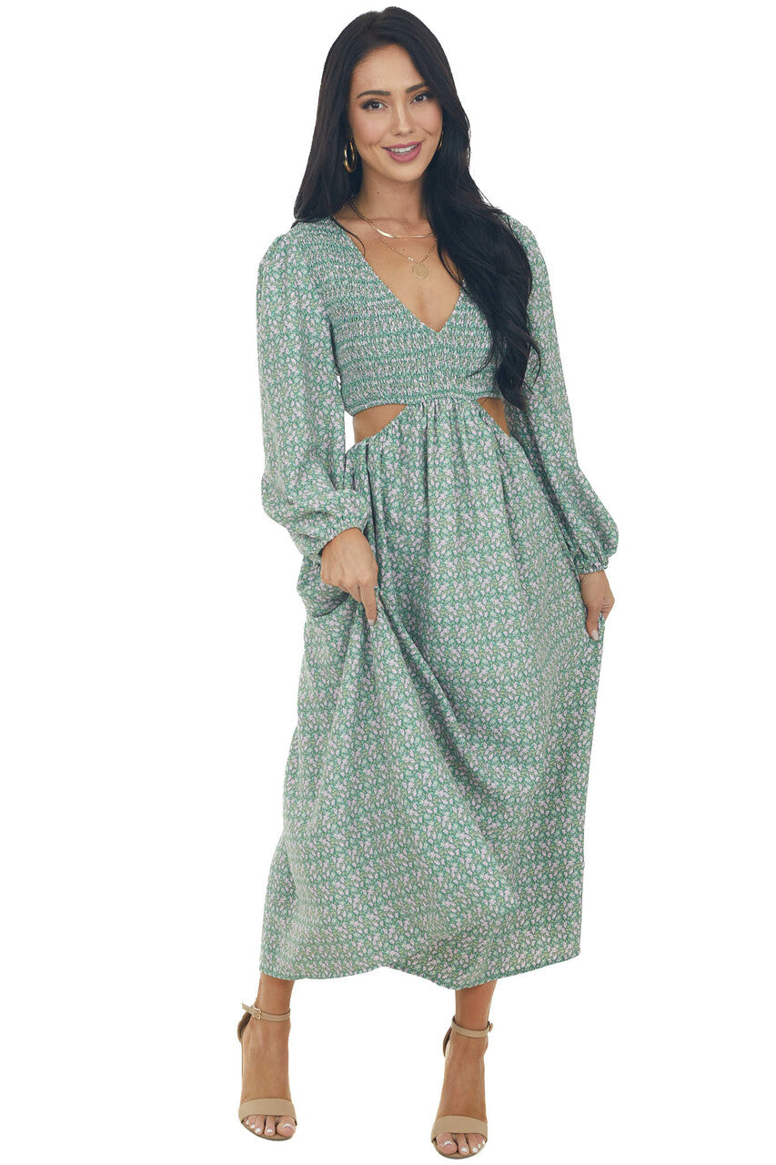 Hazy Jade Floral Print Side Cut Out Maxi Dress