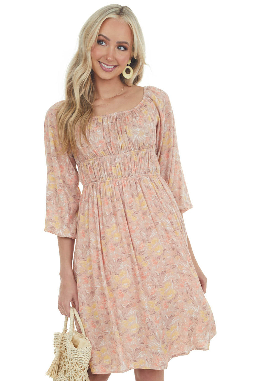 Hazy Peach Floral Elastic Off Shoulder Dress