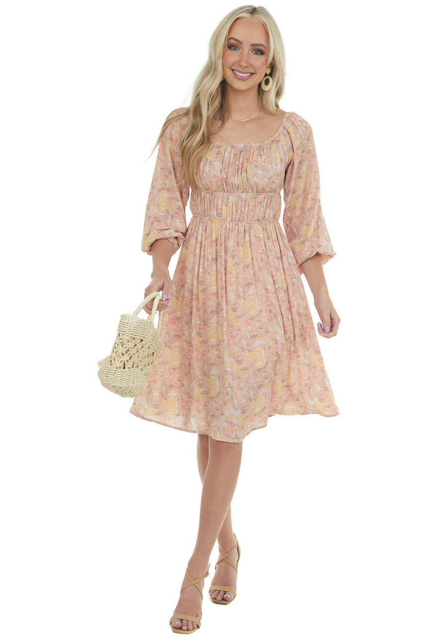 Hazy Peach Floral Elastic Off Shoulder Dress