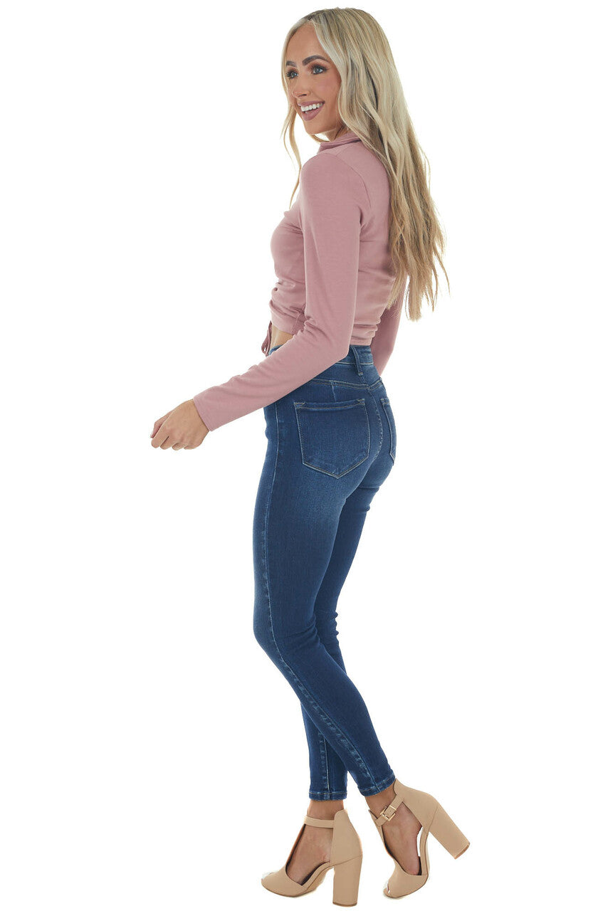 Hazy Pink Adjustable Ruched Collared Knit Top 