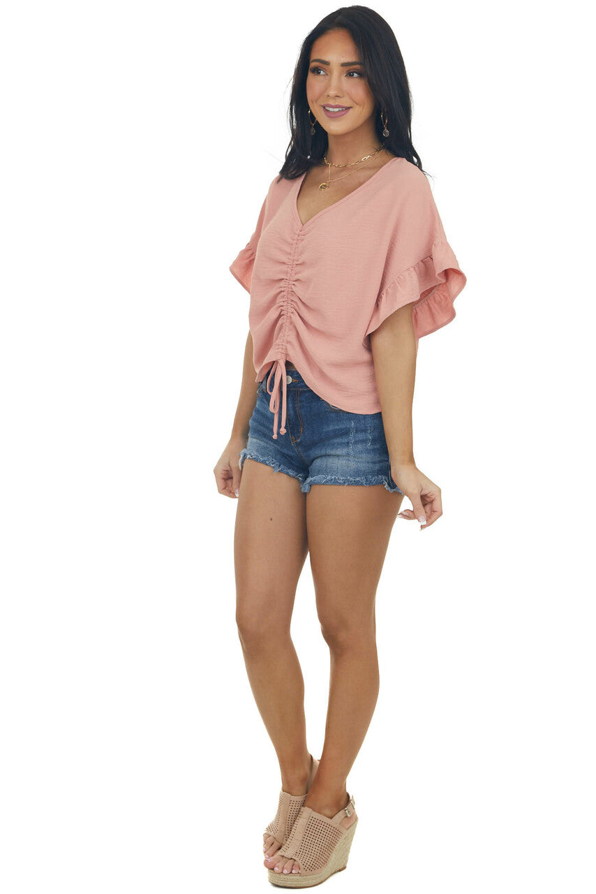 Hazy Salmon V Neck Ruched Ruffle Sleeve Blouse 