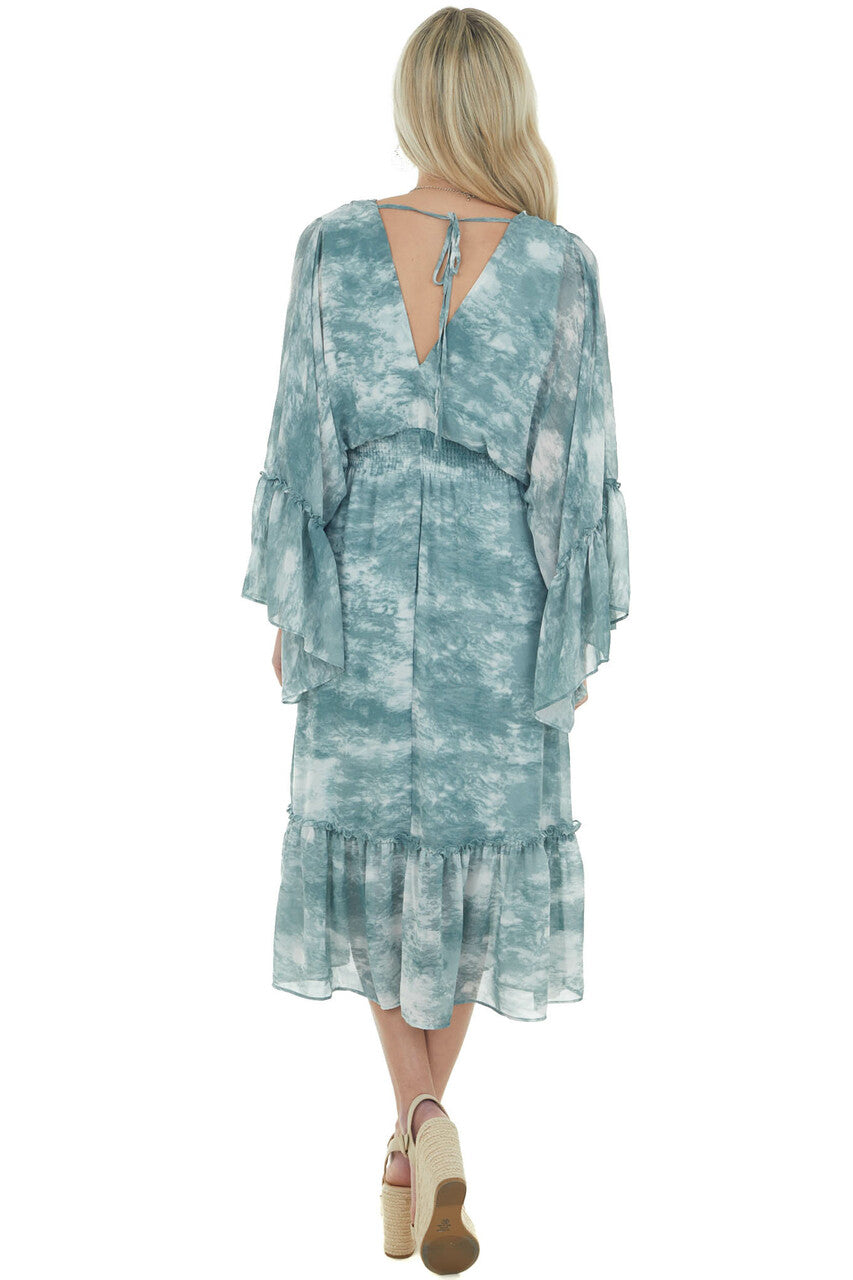 Hazy Teal Tie Dye Flowy Sleeve Midi Dress 
