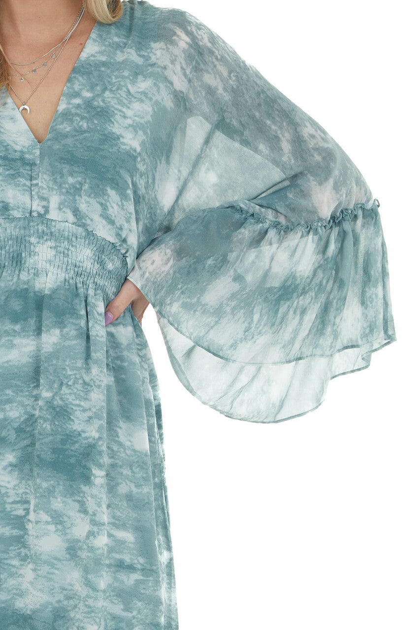 Hazy Teal Tie Dye Flowy Sleeve Midi Dress 