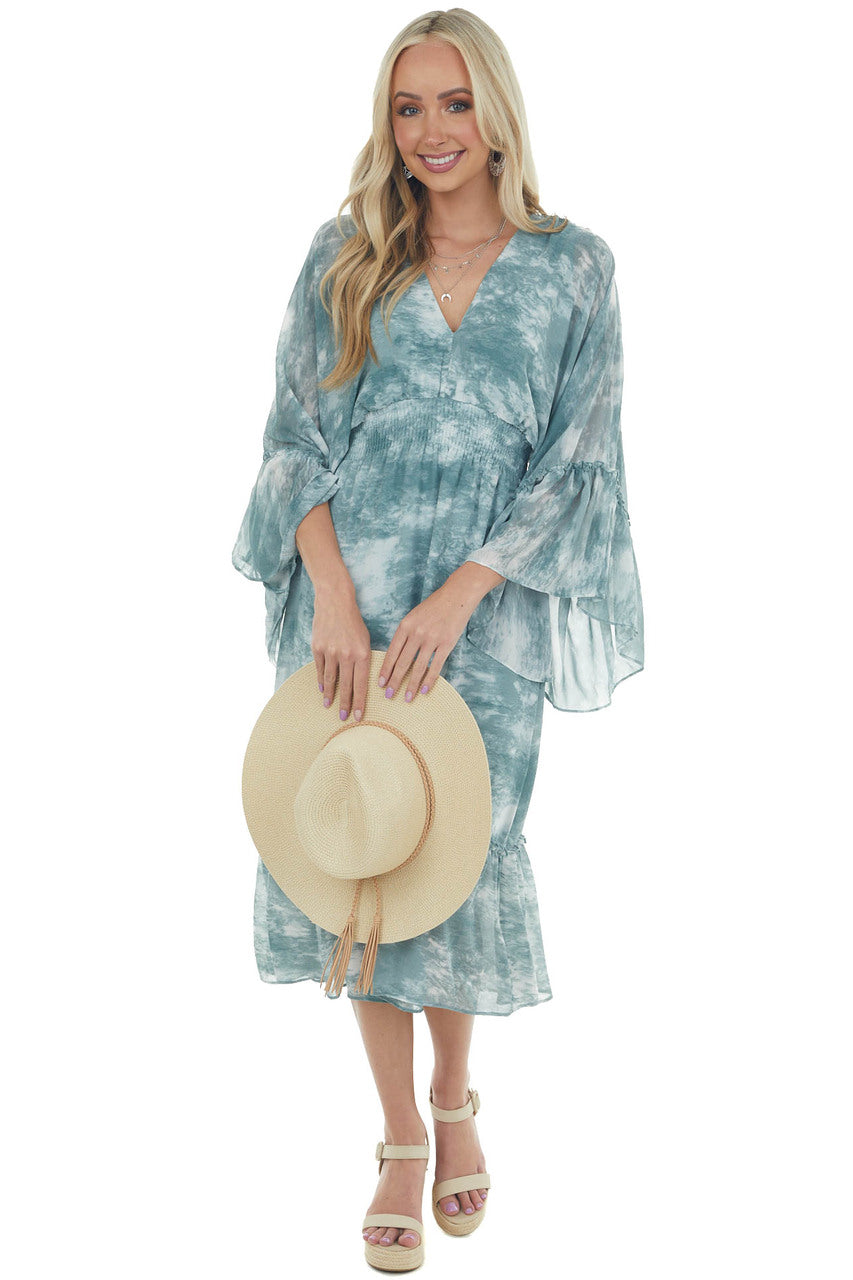 Hazy Teal Tie Dye Flowy Sleeve Midi Dress 