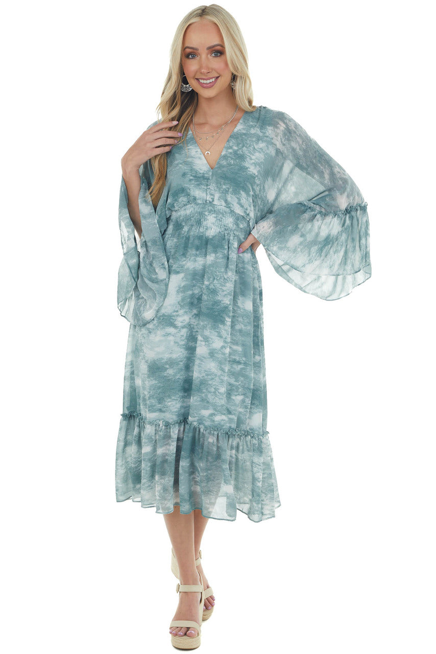 Hazy Teal Tie Dye Flowy Sleeve Midi Dress 