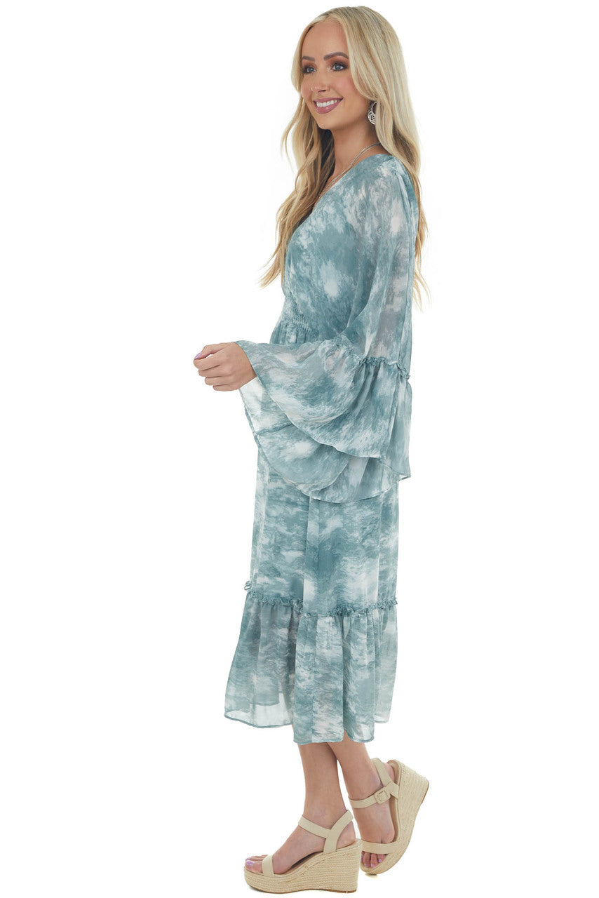 Hazy Teal Tie Dye Flowy Sleeve Midi Dress 