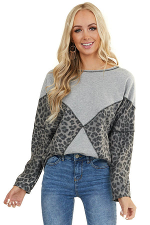 Heather Grey and Leopard Print Long Sleeve Sweater Top 
