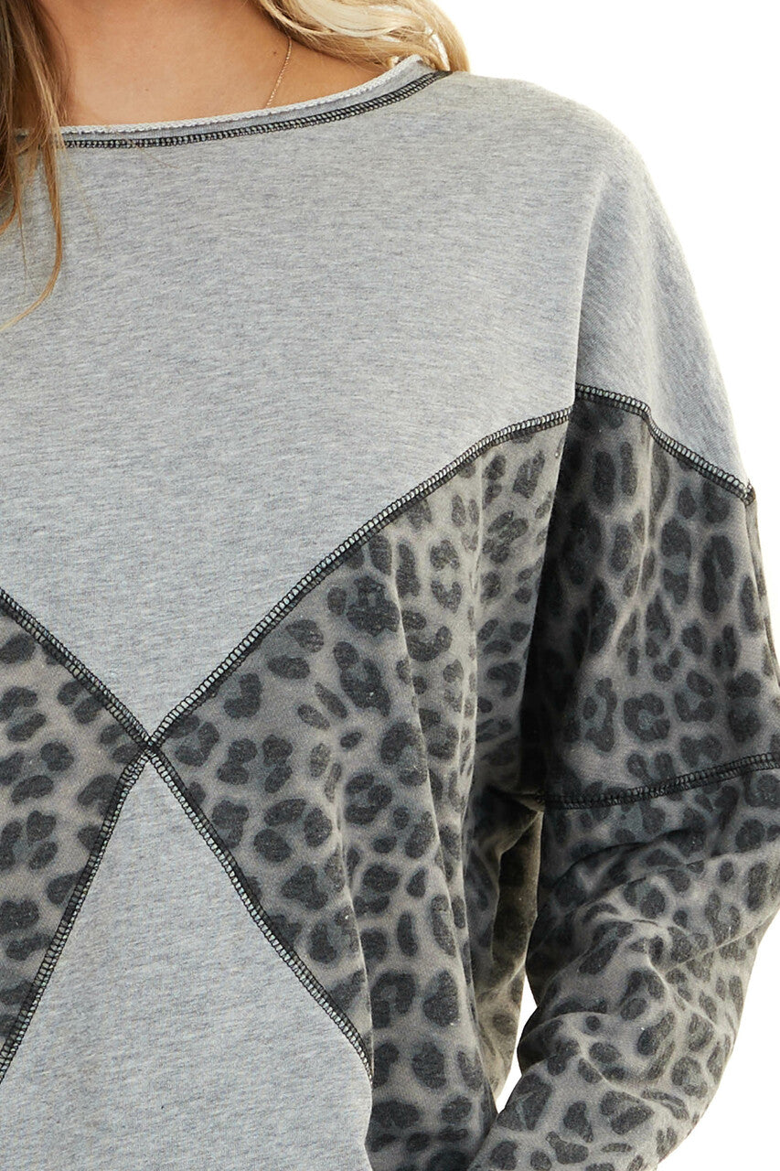 Heather Grey and Leopard Print Long Sleeve Sweater Top 