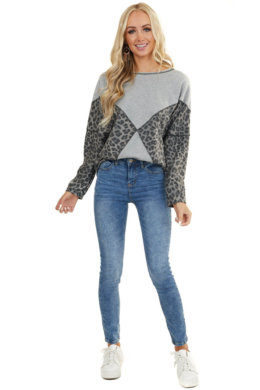Heather Grey and Leopard Print Long Sleeve Sweater Top 
