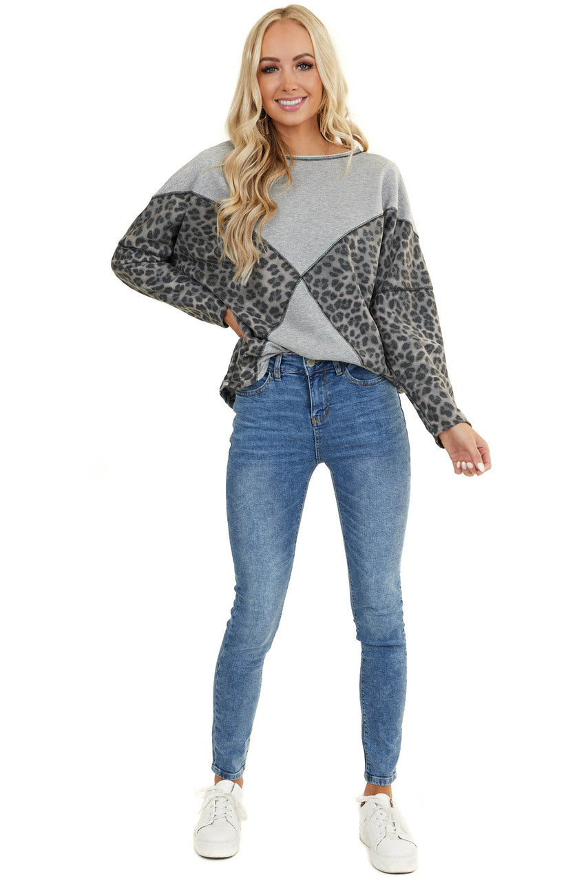 Heather Grey and Leopard Print Long Sleeve Sweater Top 