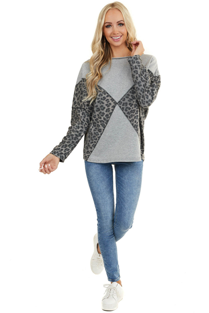Heather Grey and Leopard Print Long Sleeve Sweater Top 