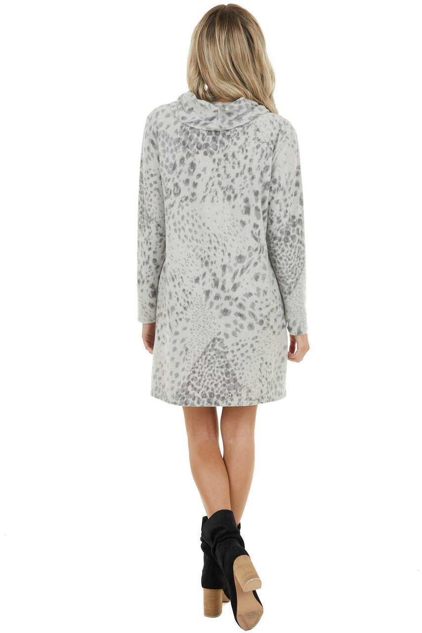 Heather Grey Leopard Print Cowl Neck Dress with Pockets