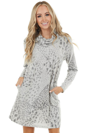 Heather Grey Leopard Print Cowl Neck Dress with Pockets