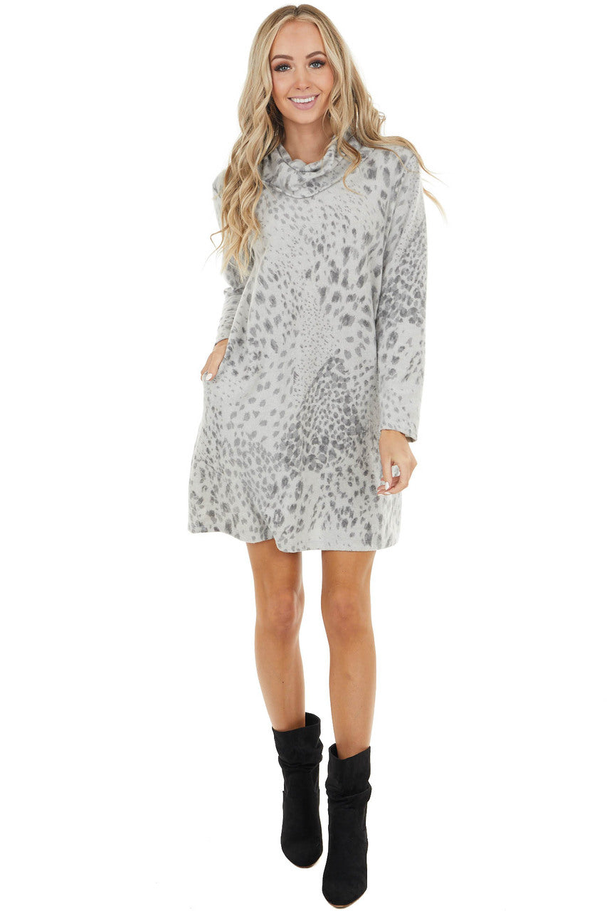 Heather Grey Leopard Print Cowl Neck Dress with Pockets