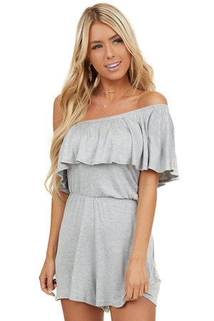 Heather Grey Off Shoulder Romper with Ruffle Overlay Detail