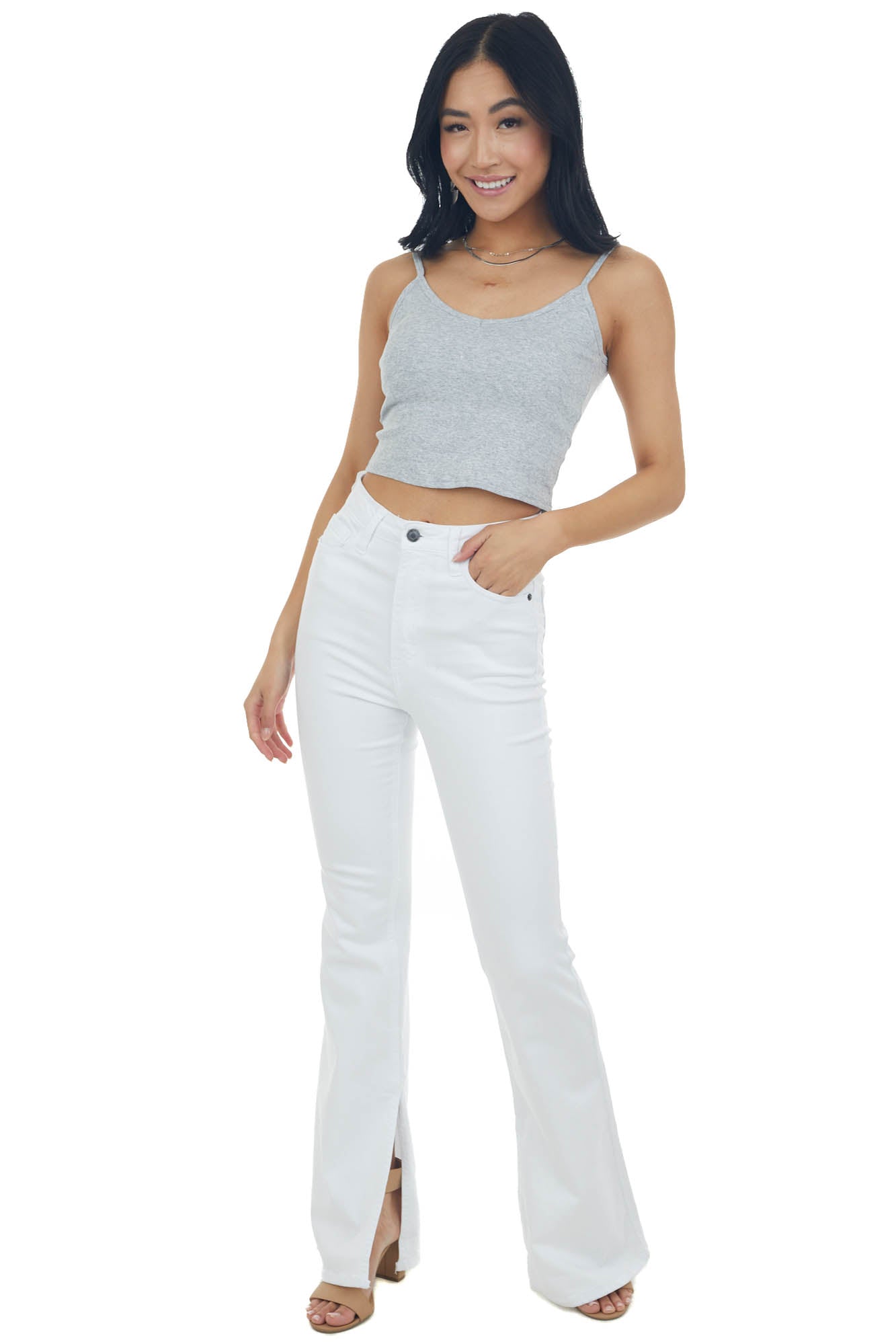 Heather Grey Padded Cropped V Neck Knit Cami 