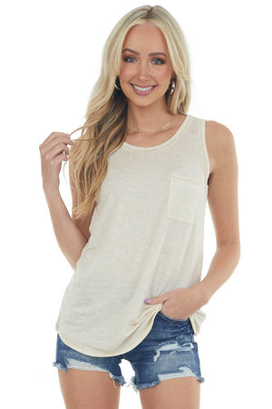 Heathered Beige Striped Chest Pocket Tank Top 