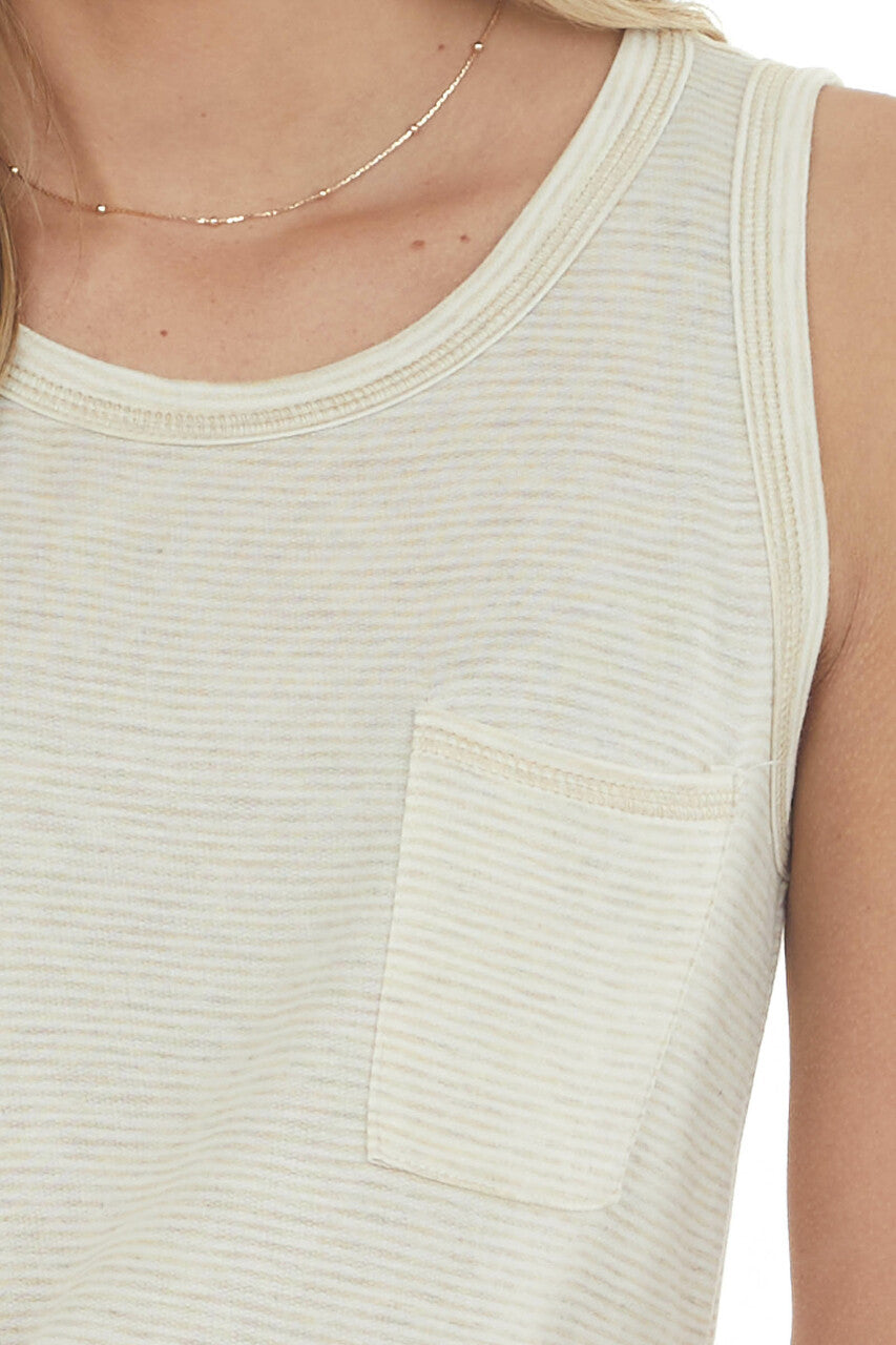 Heathered Beige Striped Chest Pocket Tank Top 