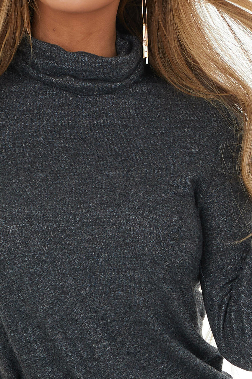 Heathered Black Fitted Long Sleeve Top with Turtleneck