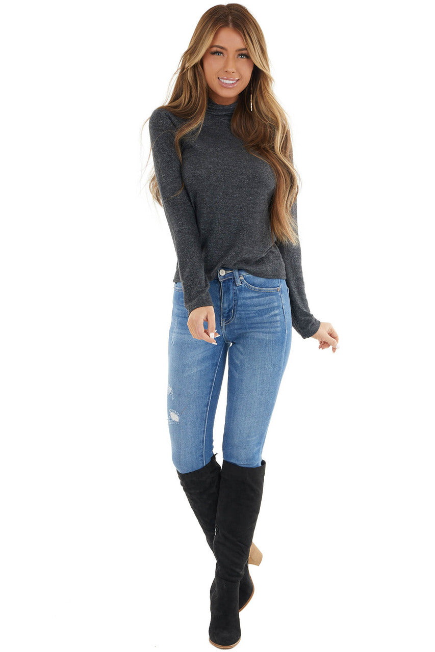 Heathered Black Fitted Long Sleeve Top with Turtleneck