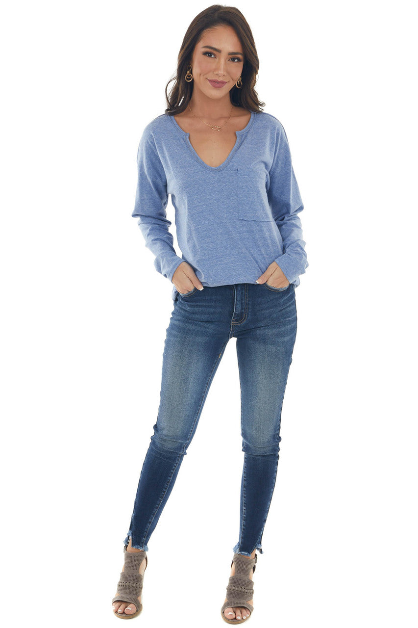 Heathered Blue Notch Neck Chest Pocket Top
