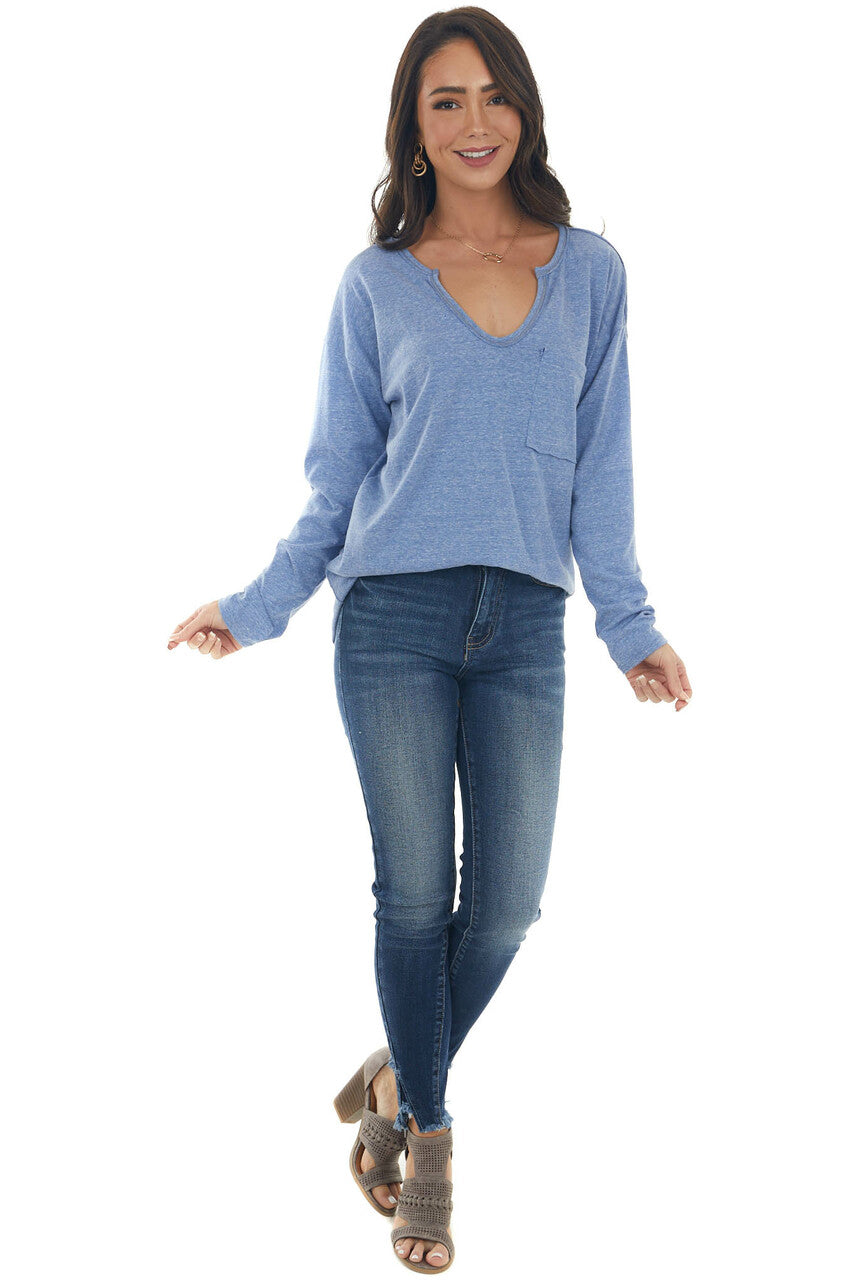 Heathered Blue Notch Neck Chest Pocket Top