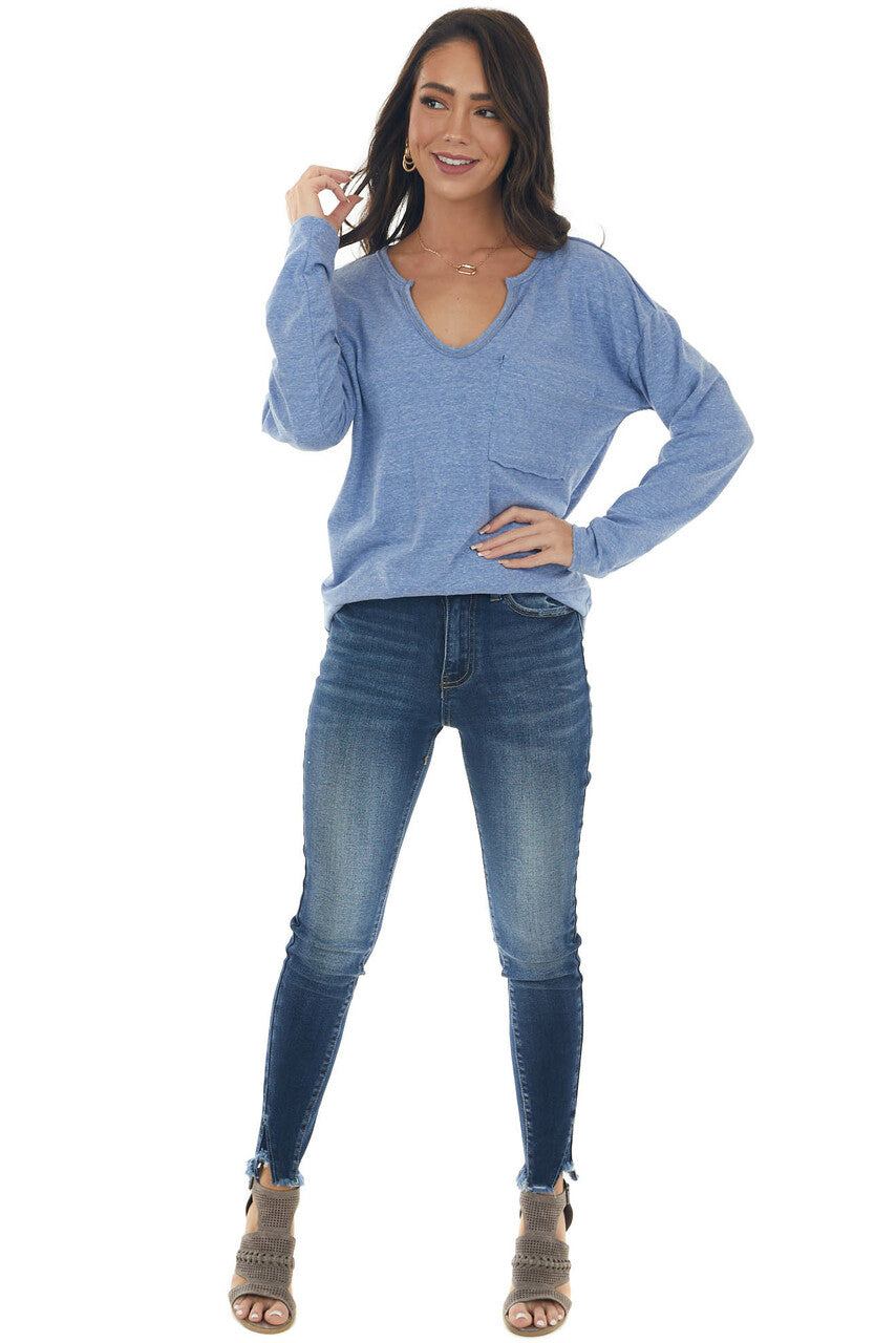 Heathered Blue Notch Neck Chest Pocket Top