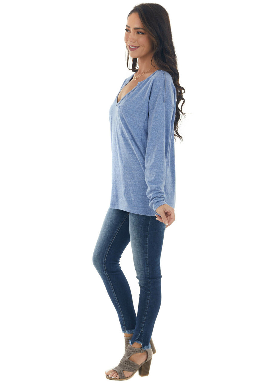 Heathered Blue Notch Neck Chest Pocket Top