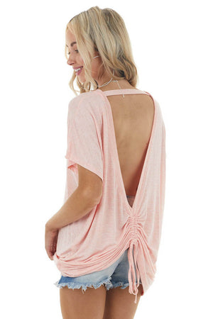 Heathered Coral Cut Out Back Knit Top with Ruching Detail 