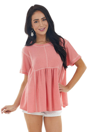 Heathered Coral Short Sleeve Knit Top with Exposed Stitching