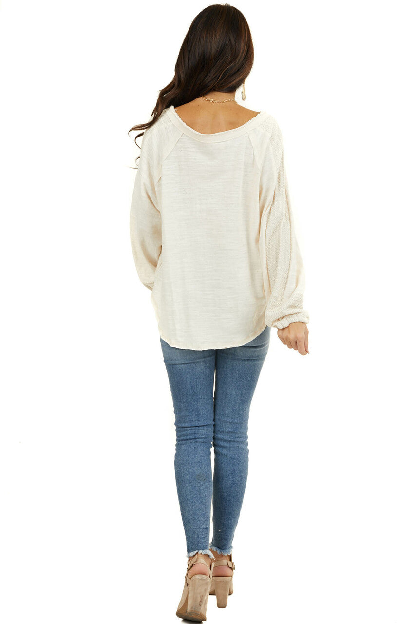 Heathered Cream Knit Top with Contrast Knit Bubble Sleeves