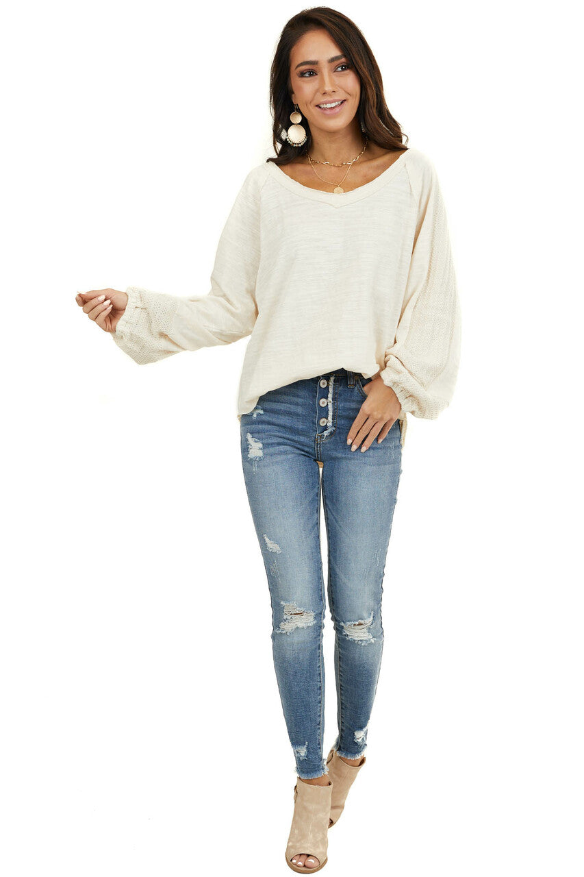 Heathered Cream Knit Top with Contrast Knit Bubble Sleeves