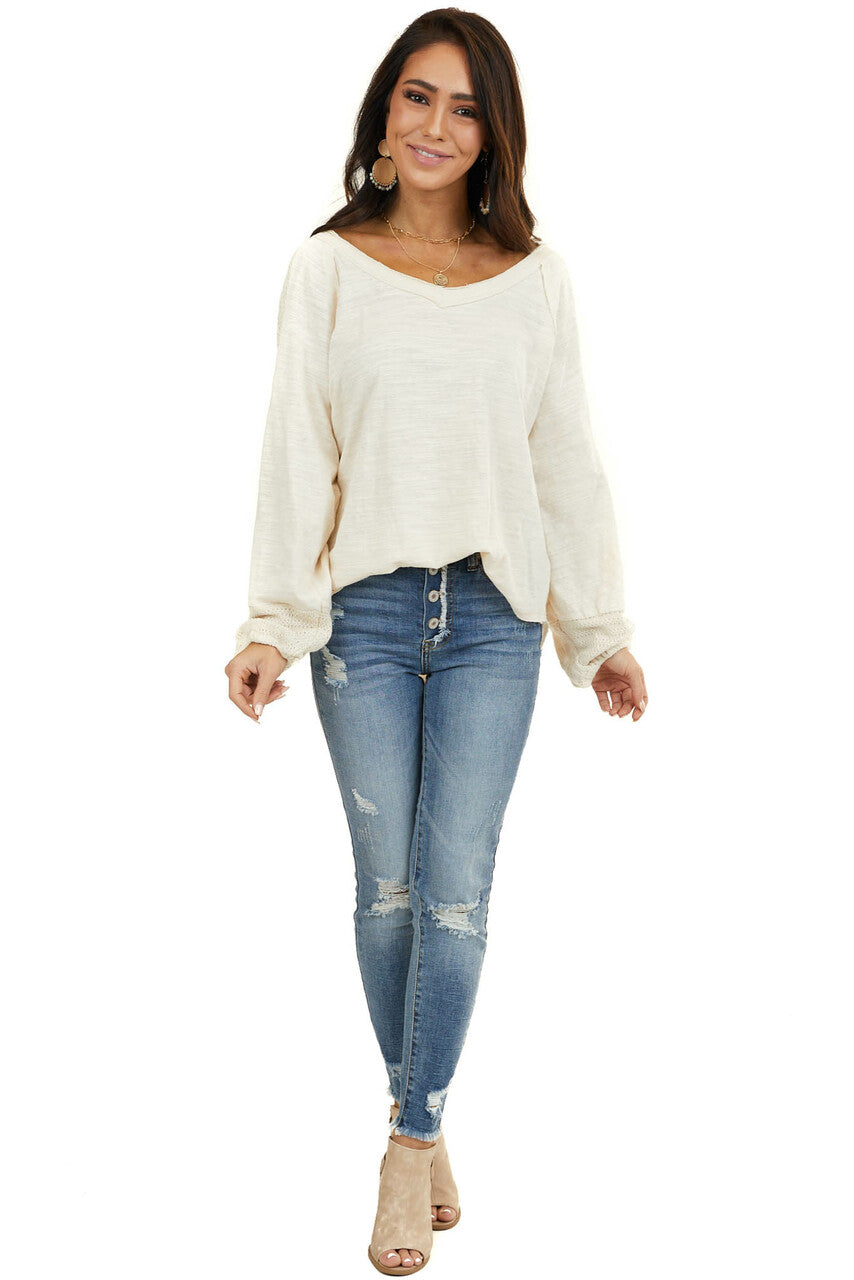 Heathered Cream Knit Top with Contrast Knit Bubble Sleeves