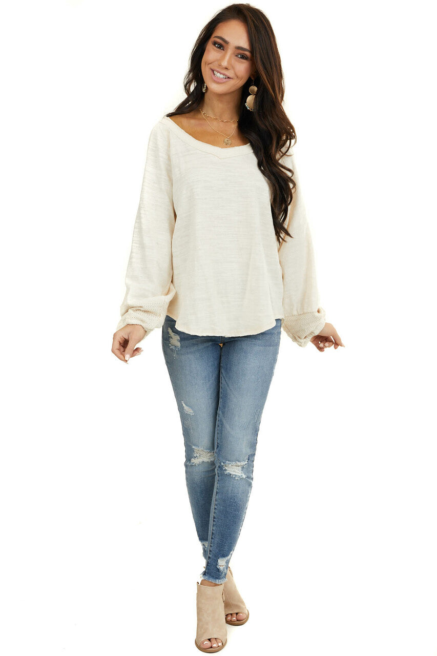 Heathered Cream Knit Top with Contrast Knit Bubble Sleeves