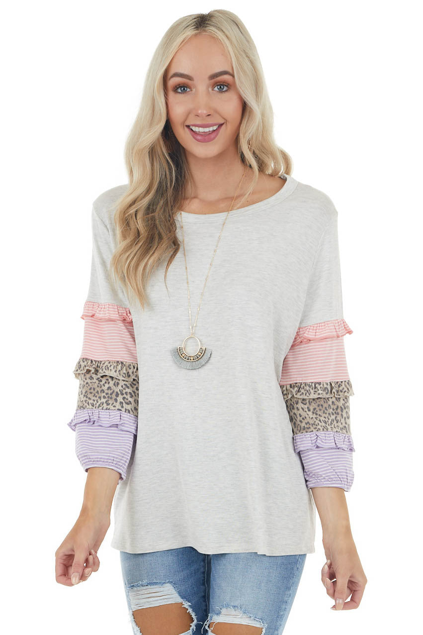 Heathered Dove Grey Knit Top with Multi Pattern Sleeves 