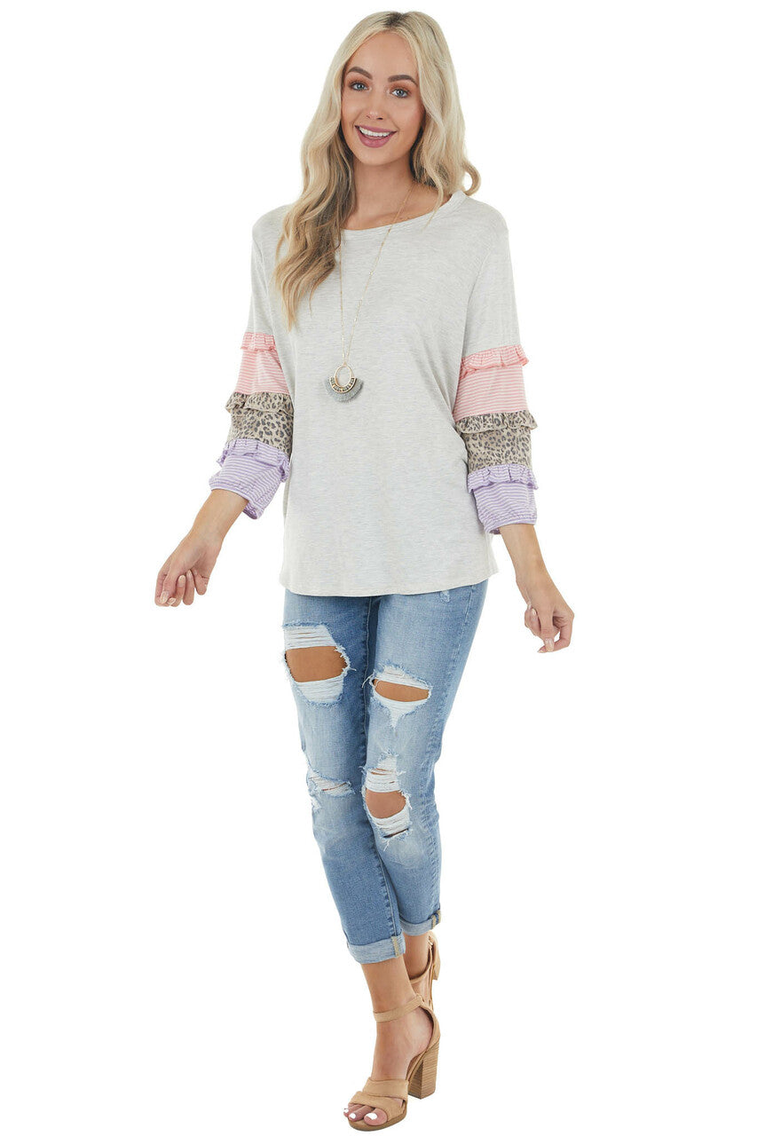 Heathered Dove Grey Knit Top with Multi Pattern Sleeves 