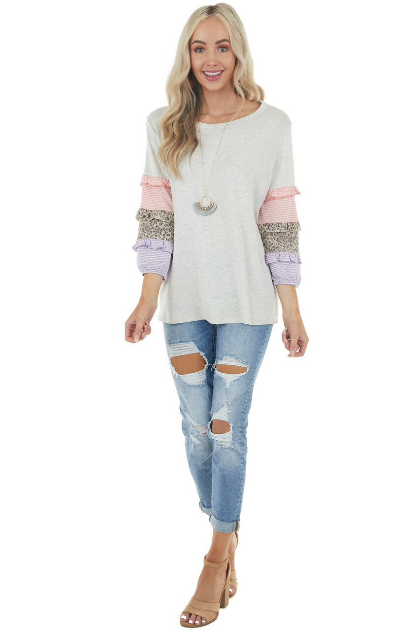 Heathered Dove Grey Knit Top with Multi Pattern Sleeves 