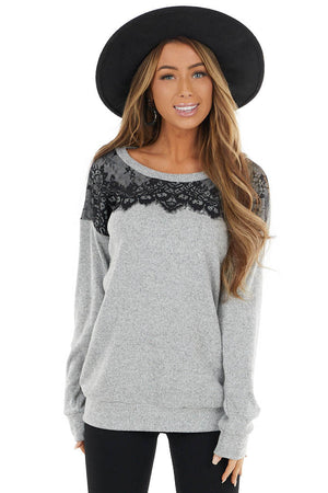 Heathered Grey Long Sleeve Knit Top with Black Lace Details
