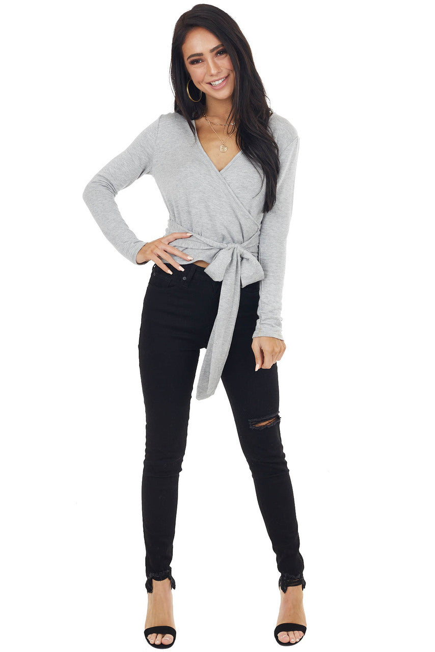 Heathered Grey V Neck Long Sleeve Surplice Top with Wrap