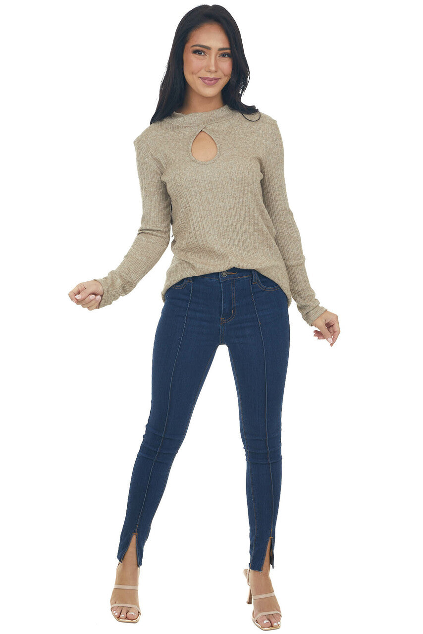 Heathered Latte Mock Neck Long Sleeve Knit Top