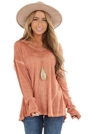 Heathered Terracotta Knit Top with Ribbed Knit Details