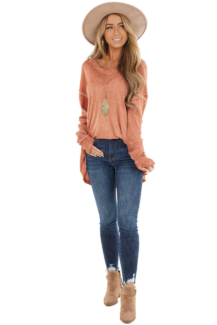 Heathered Terracotta Knit Top with Ribbed Knit Details