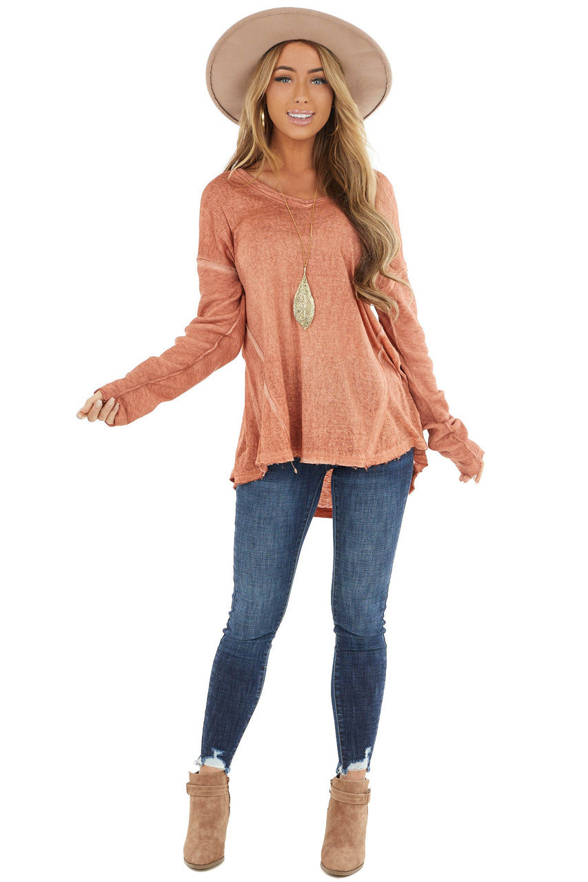 Heathered Terracotta Knit Top with Ribbed Knit Details