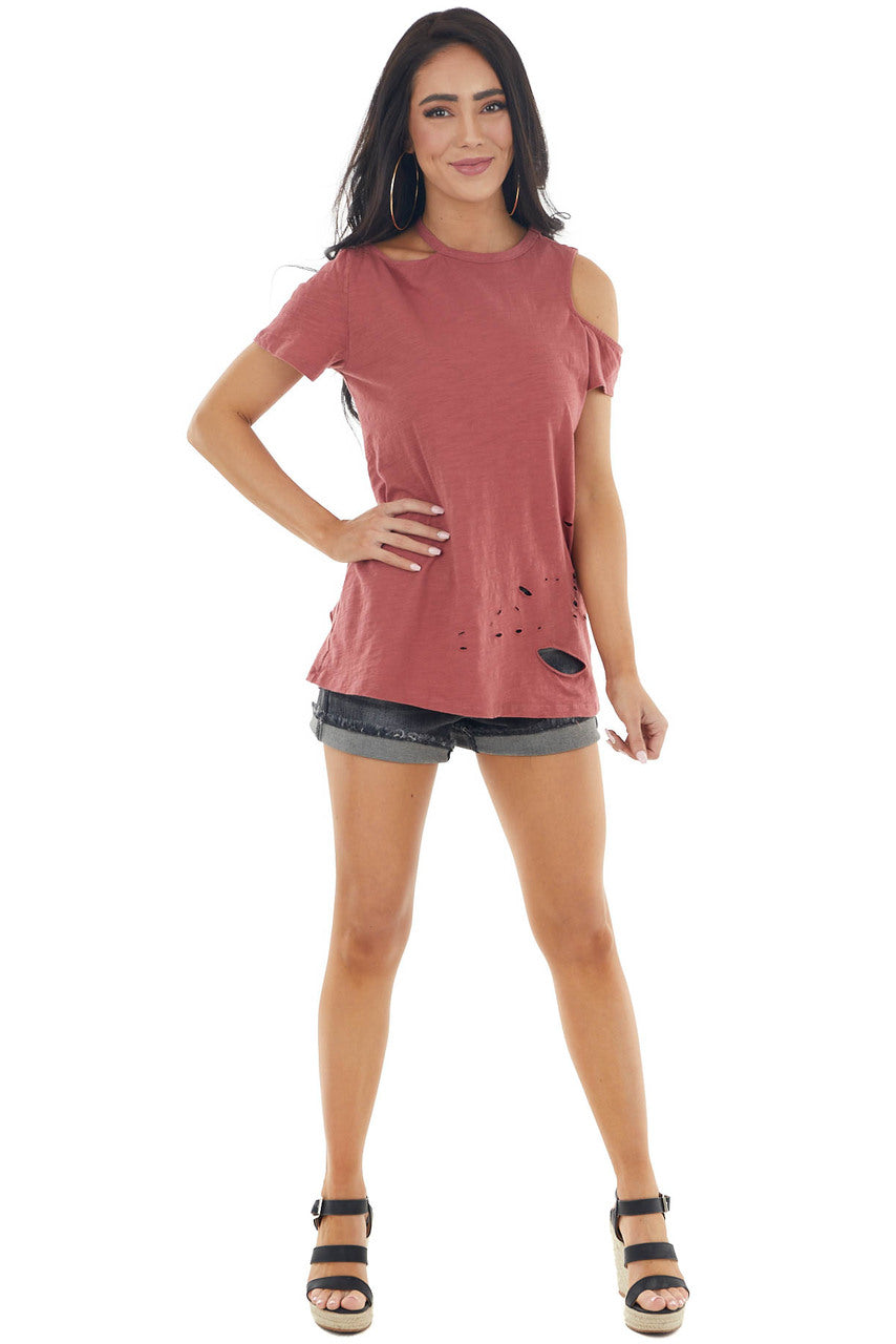 Hibiscus Short Cut Out Sleeve Knit Top with Distressing