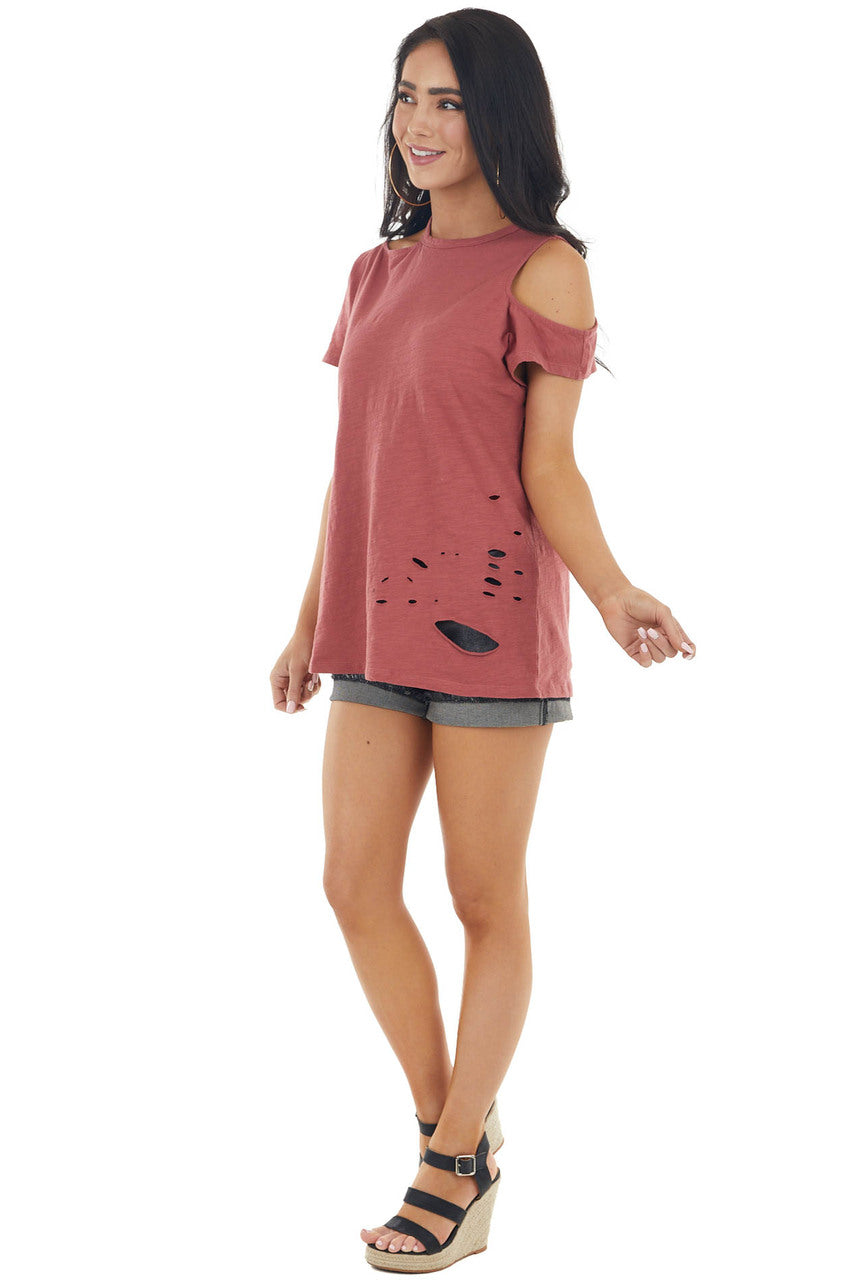 Hibiscus Short Cut Out Sleeve Knit Top with Distressing
