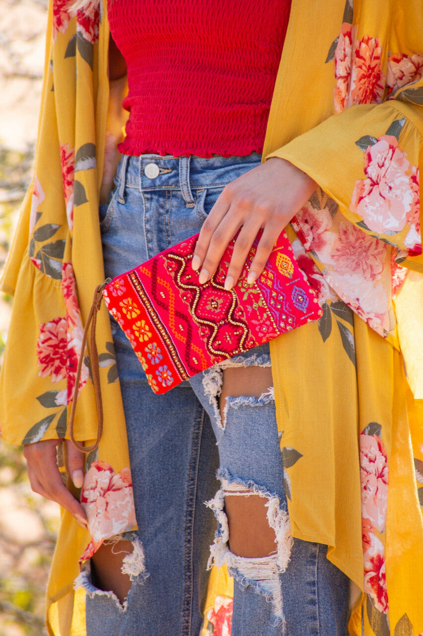 Hibiscus Thread Printed and Beaded Soft Woven Clutch Purse