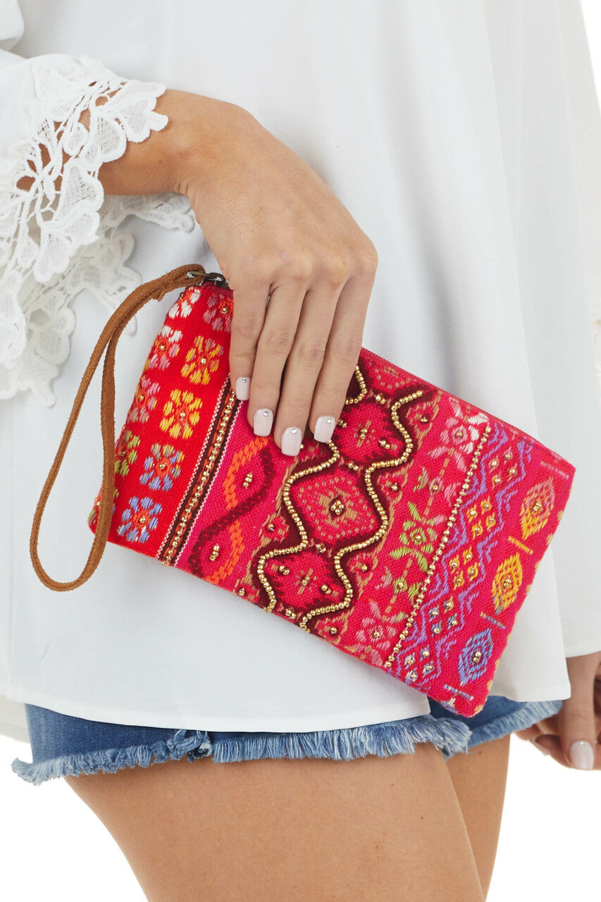 Hibiscus Thread Printed and Beaded Soft Woven Clutch Purse